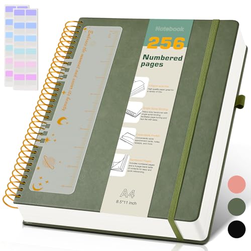 A4 Spiral Notebook Journal 8.5” x 11”, 256 Numbered Pages Hardcover Leather Journals for Women Men, Large Lined College Ruled Notebooks, 100GSM Thick Paper, Spiral Bound Journal for Work School, Green - color: Green, size: A4