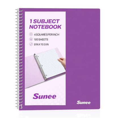 SUNEE Spiral Notebook, 1-Subject, Graph Ruled Paper, 8" x 10-1/2", 100 Sheets per Notebook, 3-Hole Punched Paper, Water Resistant Cover, Spiral Grid Notebooks for Work, Home, School, Dark Purple - color: Dark Purple
