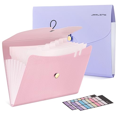 JARLINK 7 Pockets Expanding File Folder, A4 Accordion File Folders with 12 Labels, Cute Paper Organizer, Portable Document Organizer for College School Office Supplies, Macaron Pupple & Macaron Pink - color: Macaron Pupple & Pink