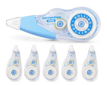 Refillable Blue Correction Tape Set, 5 Tape Dispensers and 5 Refill Cartridges, 10 Pieces Total, 5 mm / 0.20 in x 32.8 ft, White Out Tape for School, Office, Documents, Notes