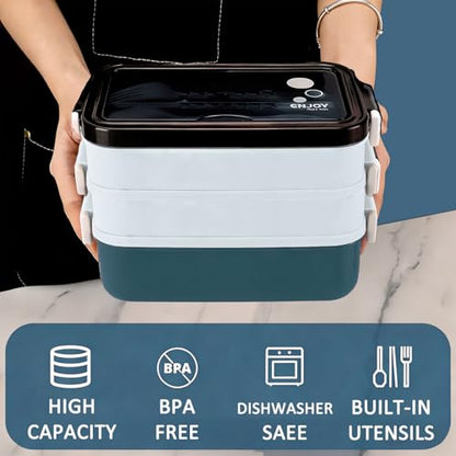 3-Tier Lunch Box for Men, Adult Lunch Box with Insulated Lunch Bag | 60 fl oz Large Capacity Bento Box with BPA-Free Utensils & Sauce Container, Leakproof, Microwave Safe for Work & Meal Prep - color: Blue(3-Tiers)