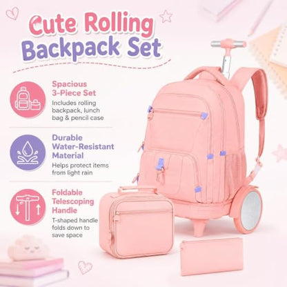 CCJPX 3Pcs Women & Girls Rolling Backpack with Bigger Wheels, Extra-Large Wheeled Bookbag with Lunch Box, Water Resistant Extra-Large Roller Luggage for Travel, Work, College (Pink) - color: Pink(upgrade Large Wheel)