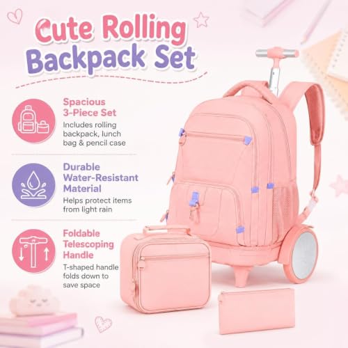 CCJPX 3Pcs Women & Girls Rolling Backpack with Bigger Wheels, Extra-Large Wheeled Bookbag with Lunch Box, Water Resistant Extra-Large Roller Luggage for Travel, Work, College (Pink) - color: Pink(upgrade Large Wheel)
