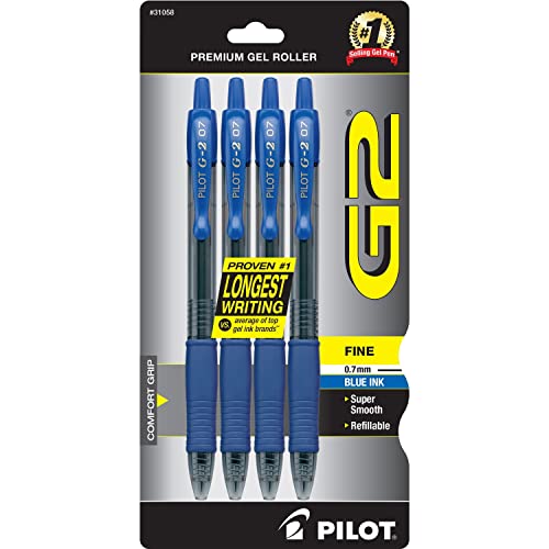 Pilot G2 Premium Gel Roller Pens, Fine Point 0.7 mm, Blue Ink Pens Fine Point, Pack of 4 - Ideal for School, Journaling, and Office Writing - color: Blue