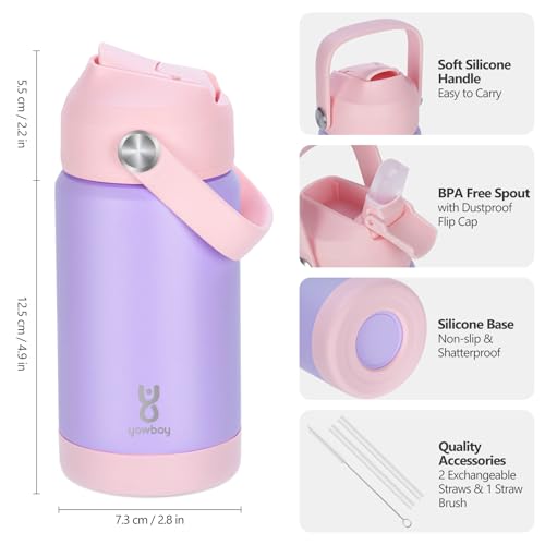 Kids Insulated Water Bottle with Straw Lid & Silicone Handle,12oz Kids Leak Proof Water Bottle for School Boys Girls,Double Wall Vacuum Stainless Steel with Non-slip Silicone Base(Light Purple) - color: Light Purple, size: 12 Ounces