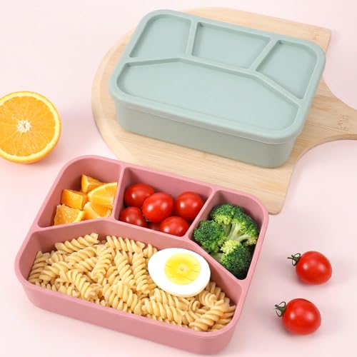 2 Pack Silicone Bento Box, 4-Compartment Leak-Proof Large Lunch Container with Lids, 42 oz Food-Grade Meal Prep Box, Microwave & Dishwasher Safe, Unbreakable Reusable Food Storage for Adults