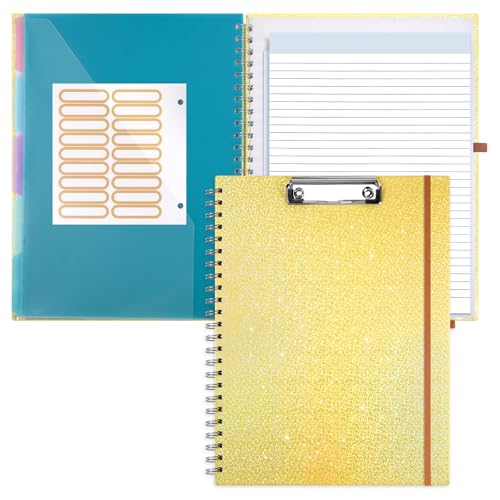 Glitter Clipboard Notebook with Storage for Letter Size, 8.5 x 11 Notepad Holder with 5 Folders and Dividers, Size 12.8X 9.7 in, Spiral Portfolio for Nursing Teacher School Supplies,Yellow - color: Yellow