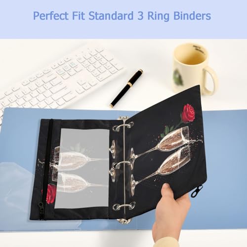 Studying 2 Pack Couple Champagne A Red Rose 3 Ring Binder Pencil Pouch Bags,Clear Window Storage Case with Zipper for Boys Girls School Office Supplies Cosmetics Organizers - color: Multi-champagne