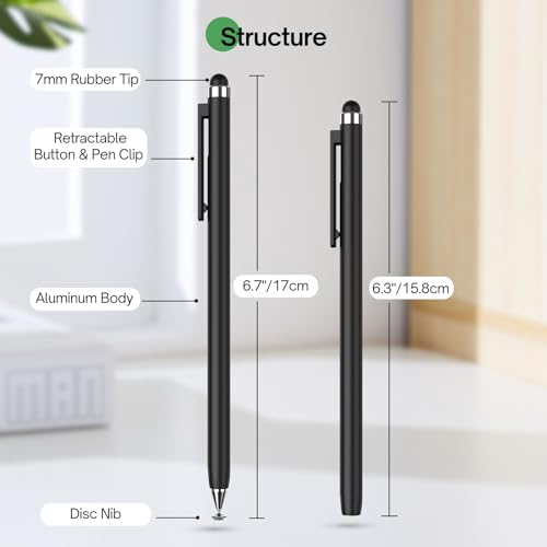 Stylus Pen for Touchscreen (2 Pack) - Mixoo 2-in-1 High Sensitivity Retractable Stylus with Smaller Disc Tip Universal Stylus for iPad iPhone Tablets Switch Capacitive Touch Screens (Black + White)