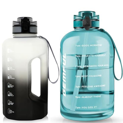 GEMFUL 2 Pack Half Gallon Water Bottle with Time Marker BPA-Free Leakproof Jug for Gym Workout 2.2 and 3 Liter