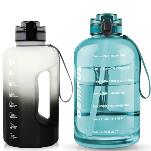 GEMFUL 2 Pack Half Gallon Water Bottle with Time Marker BPA-Free Leakproof Jug for Gym Workout 2.2 and 3 Liter