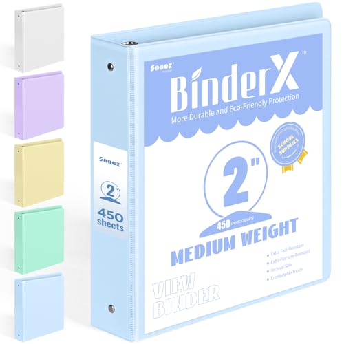BinderX Extra Durable 3 Ring Binder, Round Ring 2 Inch Binders, Fits 450 Sheets of 8.5x11 Paper, Customizable View Cover with Inside Pockets, Cute 2" Binder, School Supplies for Girls, Blue - color: Light Blue, size: 2 inch