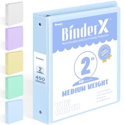 BinderX Extra Durable 3 Ring Binder, Round Ring 2 Inch Binders, Fits 450 Sheets of 8.5x11 Paper, Customizable View Cover with Inside Pockets, Cute 2" Binder, School Supplies for Girls, Blue - color: Light Blue, size: 2 inch