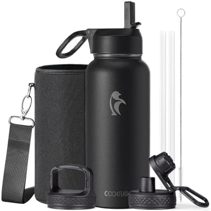 Coolflask 32 oz Water Bottle Insulated with Straw & 3 Leakproof Lids | Water Flask Stainless Steel Triple-Wall Vacuum,Cold 48+h, Dishwasher Safe,Wide Mouth,BPA-Free,Carrier Bag,for Gym,Hiking - color: Magic Black, size: 32 Ounces