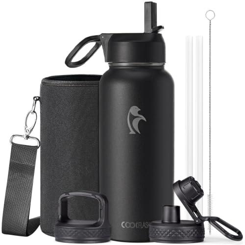 Water Bottle 32 oz Insulated with Straw, Coolflask Stainless Steel Metal 3 Lids Water Flask Wide Mouth for Sports or Office, Non-BPA Keep Cold Up to 48 Hrs or Hot Up to 24 Hrs, Magic Black - color: Magic Black, size: 32 Ounces