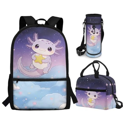 CLOHOMIN Axolotl Kids Backpack Set of 3 with Lunch Bag for Girls 10-12 Primary Schoolbag and Lunch Box and Water Bottle Bag Set School Book Bags for Middle School Kids Large Capacity Bookbag - color: Axolotl Star