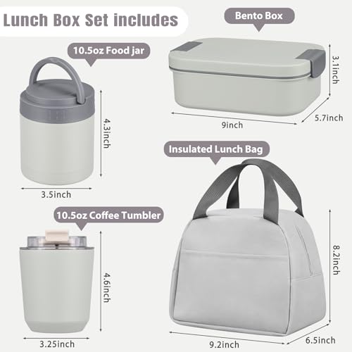 Large Bento Lunch Box Set for Adults Kids Women with 10.5oz Soup Thermo,Coffee Tumblers Men Girls Boys Teenagers Leak-Proof Lunch Food Containers with Lunch Bag - color: Gray