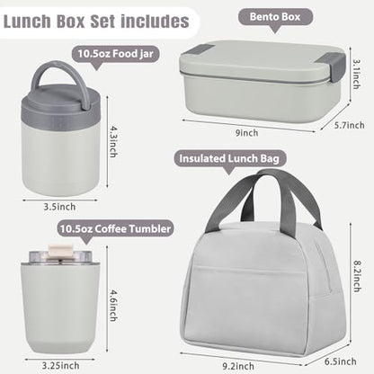 Large Bento Lunch Box Set for Adults Kids Women with 10.5oz Soup Thermo,Coffee Tumblers Men Girls Boys Teenagers Leak-Proof Lunch Food Containers with Lunch Bag - color: Gray