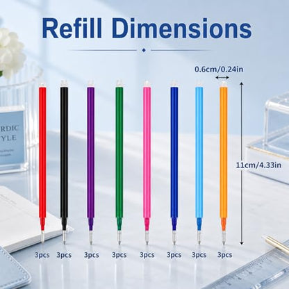 24 Piece Erasable Gel Ink Pen Refills Compatible with FriXion Friction, 0.5 Millimeter Medium Fine Point Replacement Cartridges, Heat Sensitive Multicolor Ink for School and Office Planning (7MM)