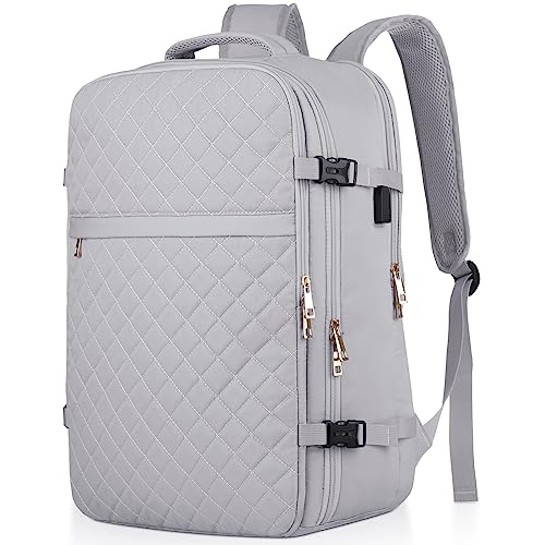 MOMUVO Large Travel Backpack Women, Flight Approved Carry On Backpack, Water Resistant Anti-Theft Large Casual Daypack Fit 17 Inch Laptop with USB Charging Port, Grey - color: Grey, size: 17.3 inch