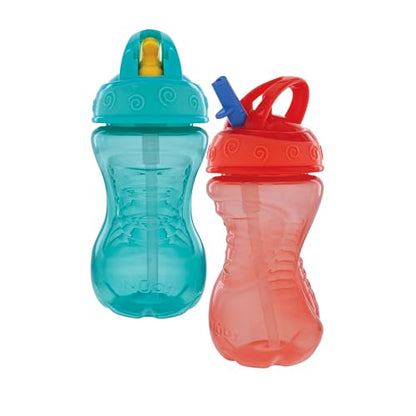 Nuby Flip-It Hard Straw Cups with Vari-Flo Straw - (2 Pack) 10 oz - Spill-Resistant - 12+ Months - Aqua/Red - color: Aqua & Red