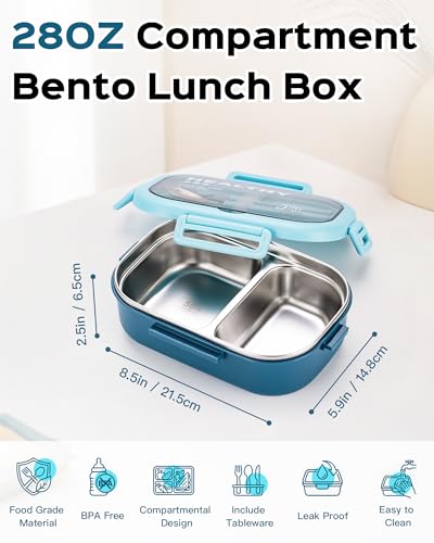 Lille Home 28oz Stainless Steel Leakproof 2-Compartment Bento Lunch Box/Portion Control Food Container with Lunch Bag and Cutlery Set, BPA Free (Light Blue) - color: Light Blue