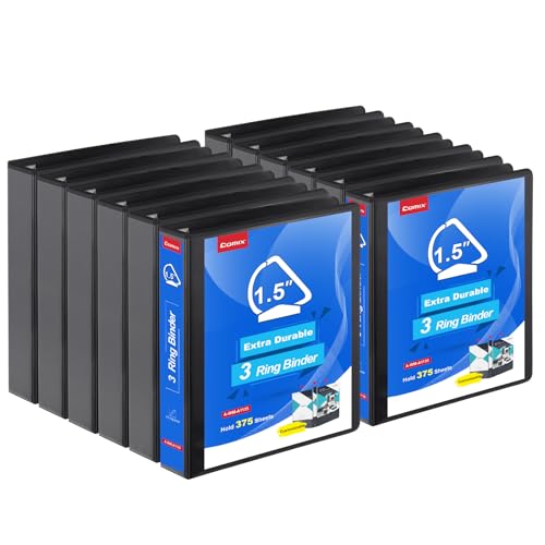 COMIX Heavy Duty 1 1/2 inch Slant-D Ring View Binder, 1.5 inch 3 Ring Binders, Hold 350 Sheets of 8.5" x 11" Paper, 12 Pack (Black) - color: Black, size: 1.5 inch, style: 12 Pack