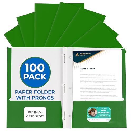 100 Pack Green 2 Pocket Paper Folders. EPI Heavy Duty, Bulk Folders with Pockets, Prongs and Business Card Slots. Letter Size Document Organizers. Durable Portfolio for School, College, Office Files - color: Green, style: Prongs