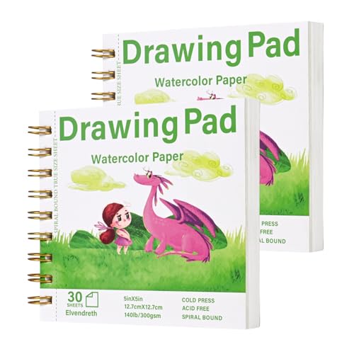 2-Pack Elvendreth Water Color Paper Pad 5x5 Inch 30 Sheets Cold Press Paper (140lb/300gsm),Spiral Bound/Tear Line Watercolor Sketchbook for Smaller - Sized Exercises or Travel for Art Drawing Supplie - size: 5×5 in（2pack）