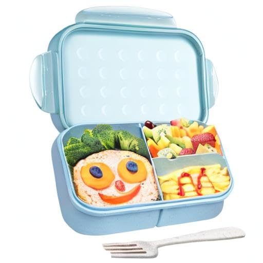 Itopor Bento Box for Kids & Adults, Lunch Box 46 oz, Pale Blue | Wheat straw material, BPA-free, leakproof, 3 compartments, microwave & dishwasher safe, for school, office & travel - color: Pale Blue