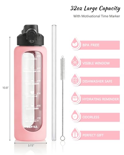 Nefeeko 32 oz Glass Water Bottles with Straw, Motivational Time Marker, 1 Liter BPA FREE Leakproof Reusable Glass Water Bottle with Silicone Sleeve, Bamboo Lid, Spout Lid - color: Pink