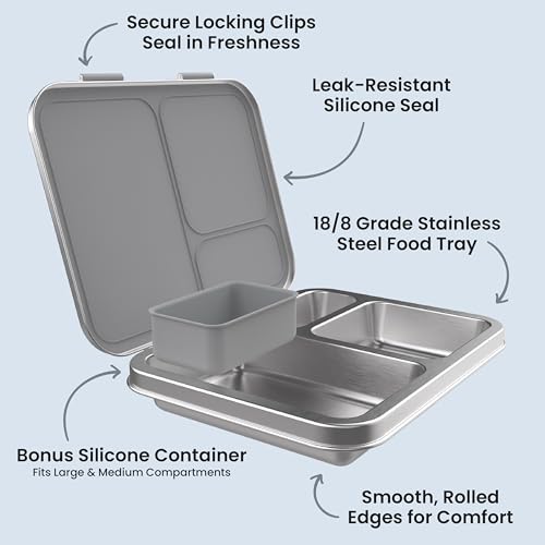 Bentgo Kids Stainless Steel Leak-Resistant Lunch Box - 3-Compartments with Bonus Silicone Container, Durable, Eco-Friendly, Dishwasher Safe, BPA-Free, Ideal for School, Ages 3+ (Silver) - color: Silver