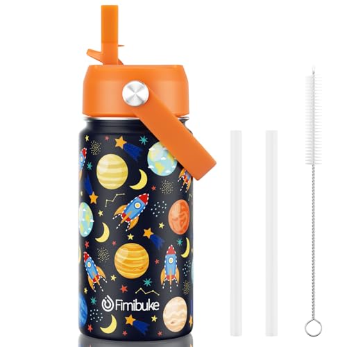 Fimibuke Kids Insulated Water Bottle, 14oz BPA FREE 18/8 Stainless Steel Travel Tumbler Double Wall Vacuum Leak Proof Kids Cup with Straw Metal Water Bottle for School Boys Girls(1 Pack, Space) - color: A3. SPACE