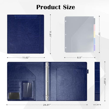 Ospelelf 3 Ring Clipboard Binder with Storage Pouch, 1 Inch Round Ring, Leather Magnetic Clipboard Folder with Notepad (11" x 8.5"), 5 Dividers with 10 Pockets, School Office Binder, Navy Blue - color: Blue