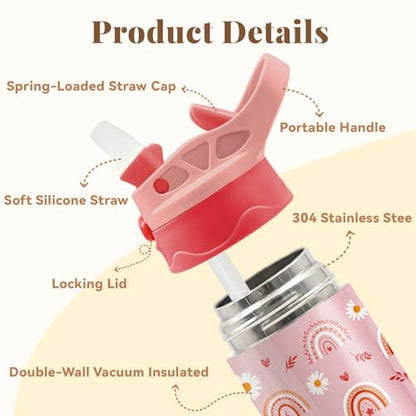 Daisy Water Bottle for Women - 12oz Pink Water Bottle with Straw, Rainbow Stainless Steel Tumbler, Insulated, Leak-proof, BPA-free, Pop-up Straw Lid, for School Travel - Birthday Gift Cup(1pc) - color: Daisy rainbow