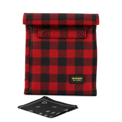 2nd Childhood Insulated Lunch Bag for Men, Durable & Reusable, Plaid Red | Slim lunch bag with carry handle, two mesh side pockets and a back slip pocket; insulated liner keeps food cool - color: Buffalo Red