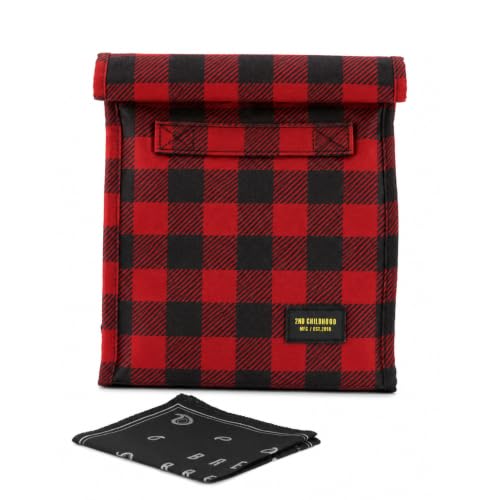 2nd Childhood Insulated Lunch Bag for Men, Durable & Reusable, Plaid Red | Slim lunch bag with carry handle, two mesh side pockets and a back slip pocket; insulated liner keeps food cool - color: Buffalo Red