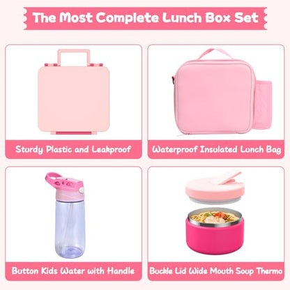 Kids Bento Lunch Box with 8oz Soup Thermo, Water Bottle, Leakproof Lunch Food Containers with 4 Compartment, Kids Insulated Hot Food Jar with Lunch Bag for School(Pink) - color: Pink