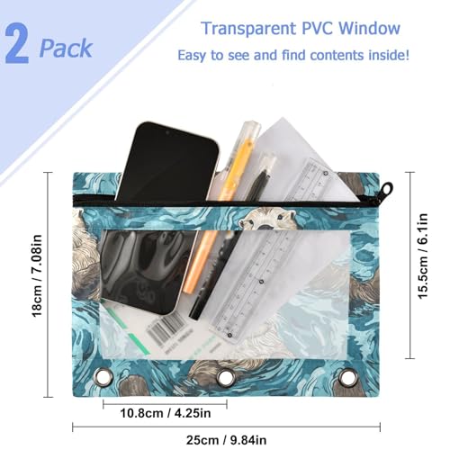 Studying 2 Pack Cute Green Water Swiming Otters 3 Ring Binder Pencil Pouch Bags,Clear Window Zipper Storage Case for Boys Girls School Office Supplies Cosmetics Organizers - color: Multi-otters