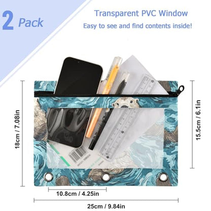 Studying 2 Pack Cute Green Water Swiming Otters 3 Ring Binder Pencil Pouch Bags,Clear Window Zipper Storage Case for Boys Girls School Office Supplies Cosmetics Organizers - color: Multi-otters