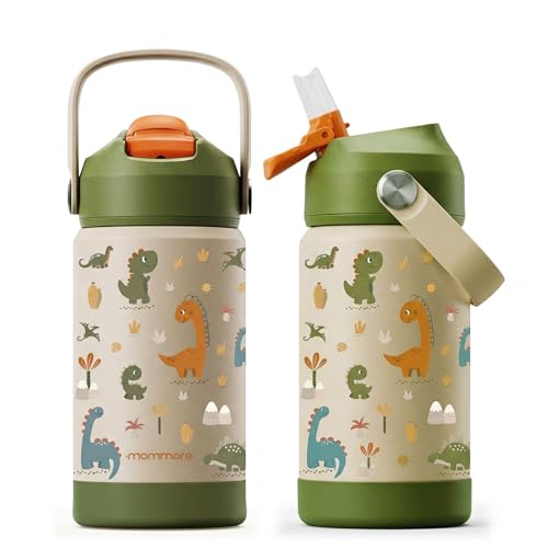 Mommore Kids Insulated Water Bottle with Soft Rubber Handle, 12oz Stainless Steel Thermos with Straw Lid, Leak Proof, Easy to Clean Design, Vacuum Small Canteen for School gBoys Girls, Dinosaur-1 Pc - color: Dinosaur