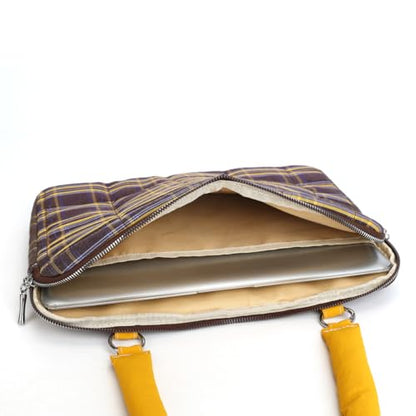 Puffy Quilted Laptop Sleeve 13-15 Inch Cute Plaid Laptop Case with Handle Grid Pattern Soft Protective Laptop Bag for Macbook - color: Blue