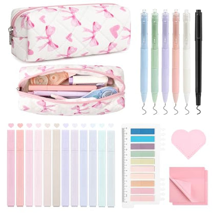 22Pcs Book Annotation Kit Aesthetic Pencil Case with Supplies School Annotation Supplies Gel Pen Transparent Sticky Note Taking Bible Study College Stationery Supplie (Pink Bows Hearts) - color: Pink Bows & Hearts