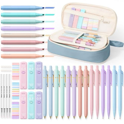 SUNEE 54PCS Aesthetic Stationery Set with Cute Pencil Case, 8 Color Pastel Highlighters, 8 Black Gel Pens, 6 Mechanical Pencils & Refills, College School Supplies for Students Girls Blue - color: Blue, style: 54 Pack