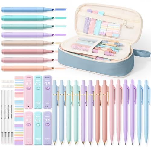 SUNEE 54PCS Aesthetic Stationery Set with Cute Pencil Case, 8 Color Pastel Highlighters, 8 Black Gel Pens, 6 Mechanical Pencils & Refills, College School Supplies for Students Girls Blue - color: Blue, style: 54 Pack