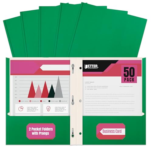 Better Office Products Green Paper 2 Pocket Folders with Prongs, 50 Pack, Matte Texture, Letter Size Paper Folders, 50 Pack, with 3 Metal Prong Fastener Clips, Green - color: Green
