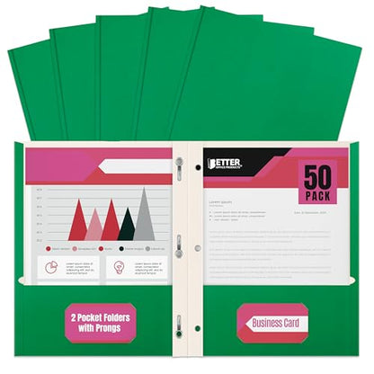 Better Office Products Green Paper 2 Pocket Folders with Prongs, 50 Pack, Matte Texture, Letter Size Paper Folders, 50 Pack, with 3 Metal Prong Fastener Clips, Green - color: Green