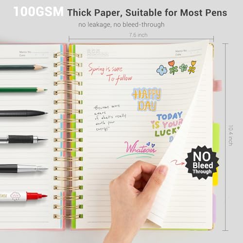 Hardcover Spiral Journal Notebook, 300 Pages 5 Subject Notebook College Ruled with Removable Dividers Tabs, 8" x 10" Notebooks for Work, Spiral Ruled Lined Writing Journal Hardcover Leather Notebook for School (Black, 8''x 10'') - color: New Black