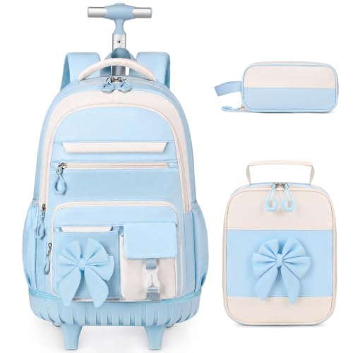 DIGOBAY Rolling Backpack for Girls, Cute Roller School Bag with Wheels, Kids Wheeled Backpacks Set with Lunch Bag Pencil Case for Teen Girls Kindergarten Elementary Middle School - color: Blue
