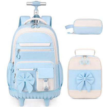 DIGOBAY Rolling Backpack for Girls, Cute Roller School Bag with Wheels, Kids Wheeled Backpacks Set with Lunch Bag Pencil Case for Teen Girls Kindergarten Elementary Middle School - color: Blue
